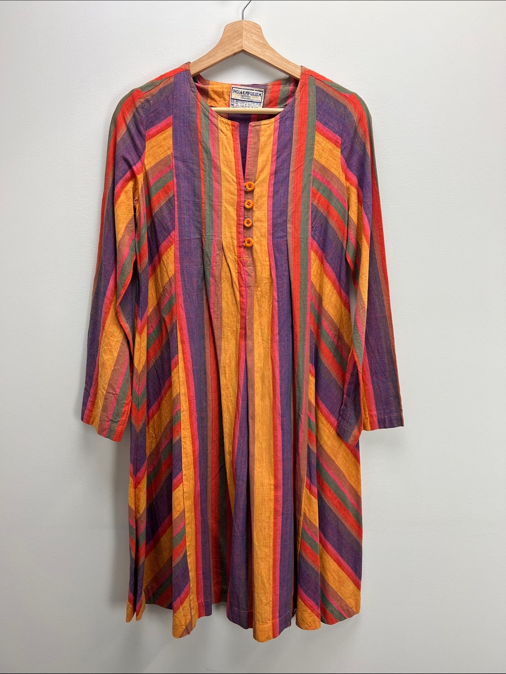 Vintage 1970s Nitya India Emporium Rainbow Dress Striped Cotton Tunic 60s 70s